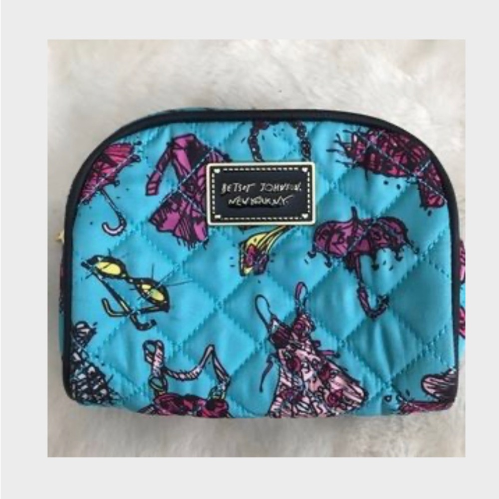 Betsey Johnson Turquoise Quilted Cosmetic Pouch with Pink Accent Print